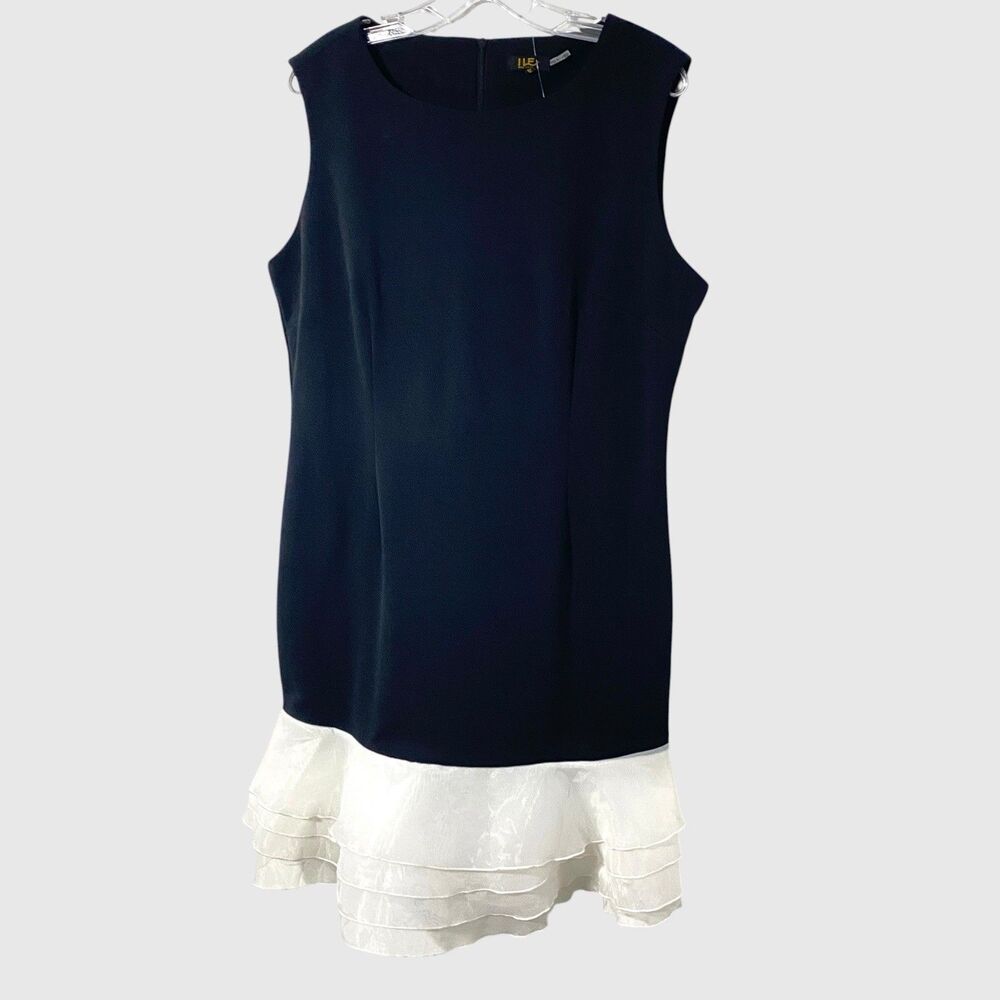 ILE New York Sheath Dress Black White Organza Ruffle hem 12 L knee cocktail new